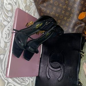 Black Patent Leather YSL Opyum Logo Heel Sandal